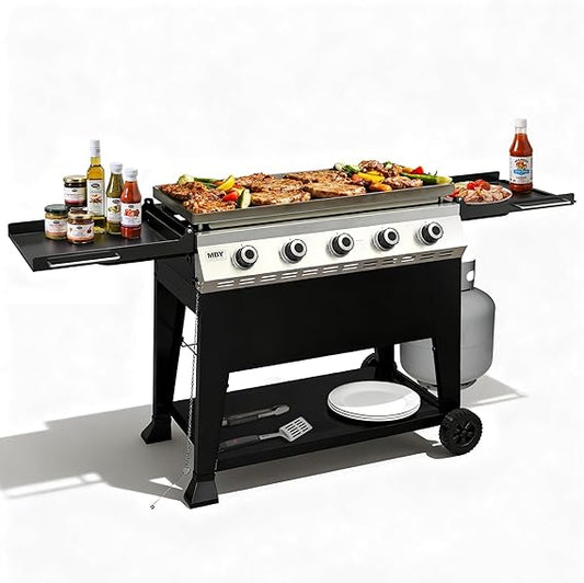MBY 36 Inch Outdoor Flat Top Gas Propane Griddle with 5 Burners 50,000BTU,Powder Coated Steel Portable Gas Grill with Side Shelves for BBQ,Camping,Backyard